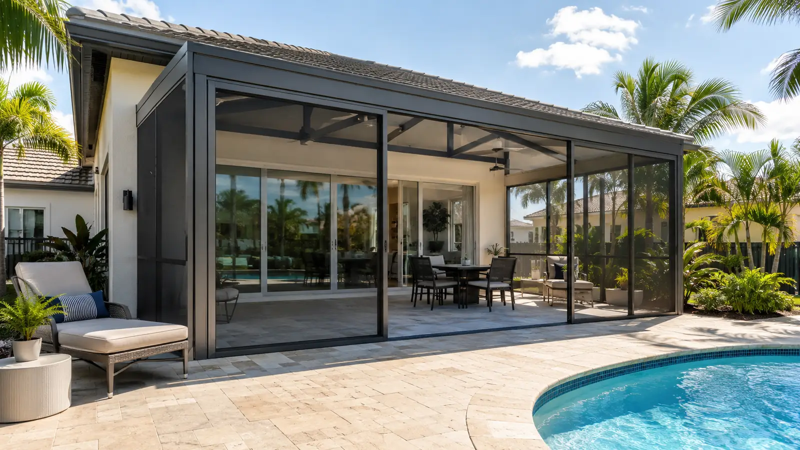 Florida Gulf-Coast home exterior with a screened lanai and sliding glass doors