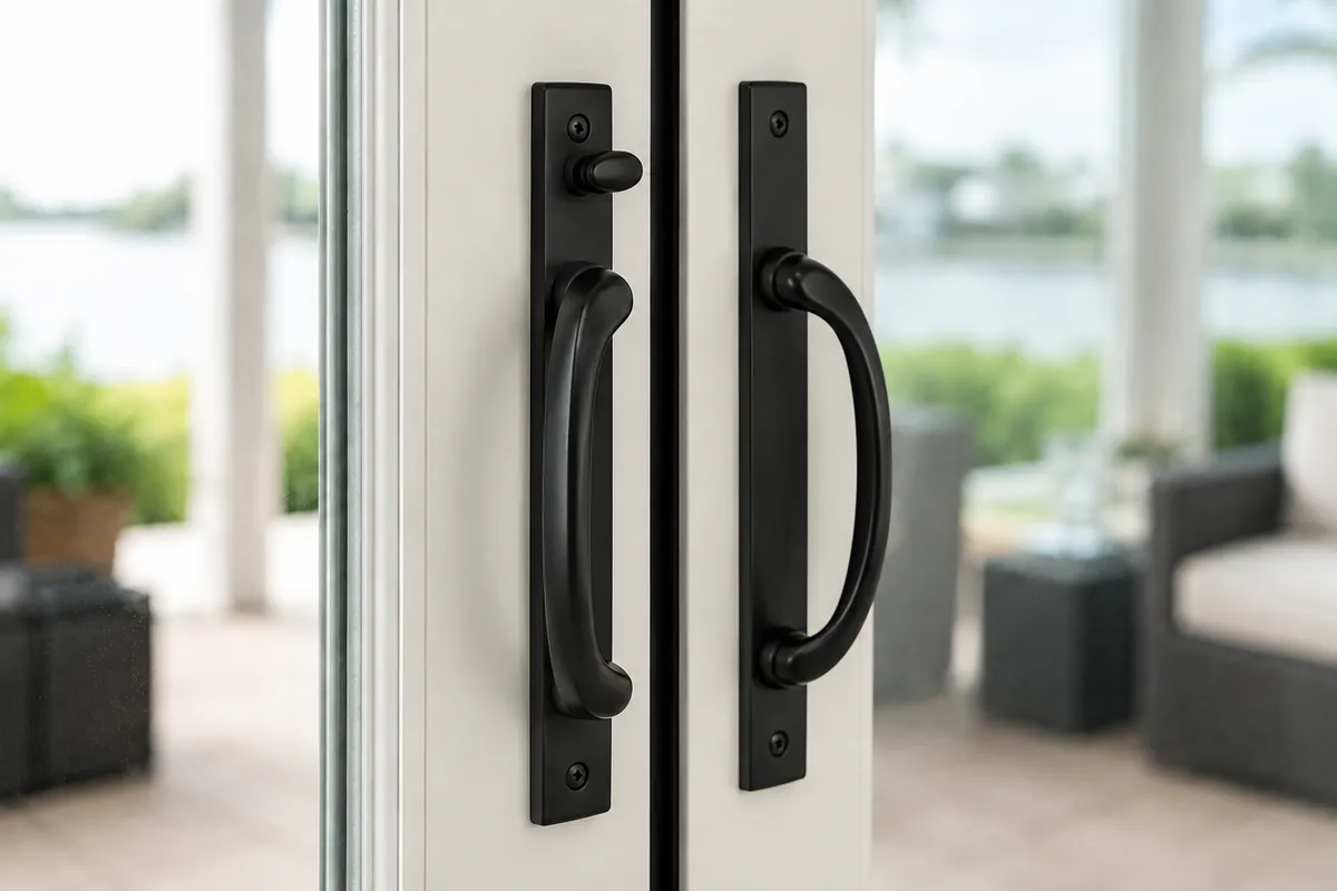 Close-up of a modern sliding glass door handle and latch