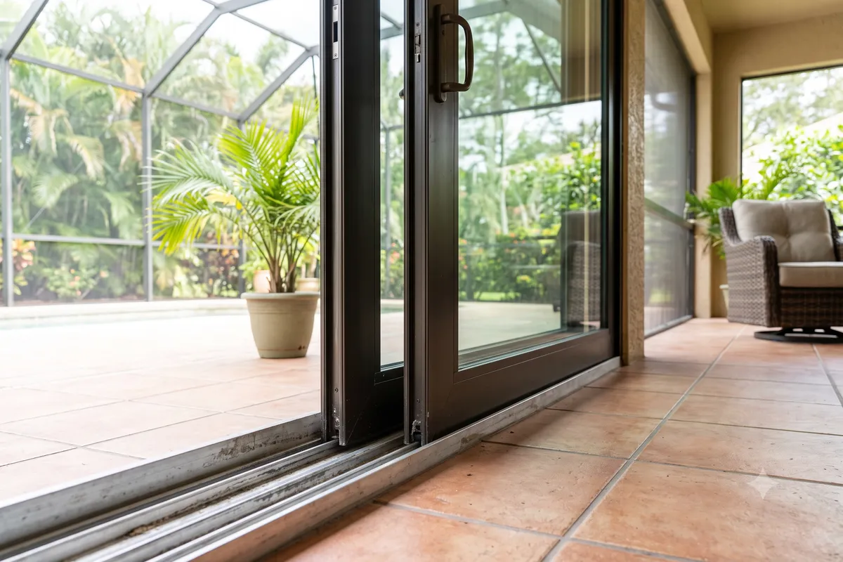 A large sliding glass patio door on a bright Florida lanai