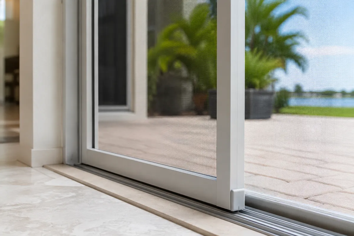 A sliding screen door in its track on a sunny Florida lanai